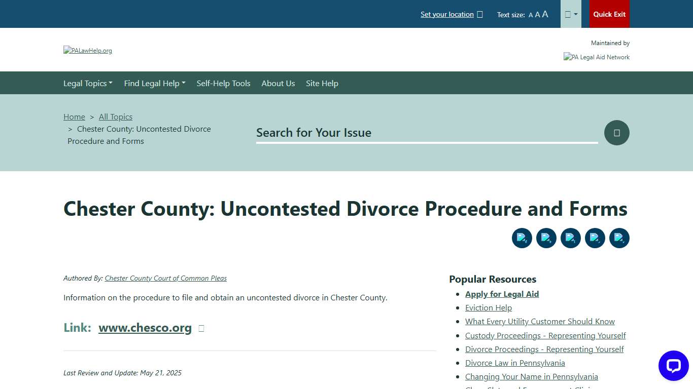 Chester County: Uncontested Divorce Procedure and Forms PALawHELP.org - Your Online Guide to Legal Information and Legal Services in Pennsylvania